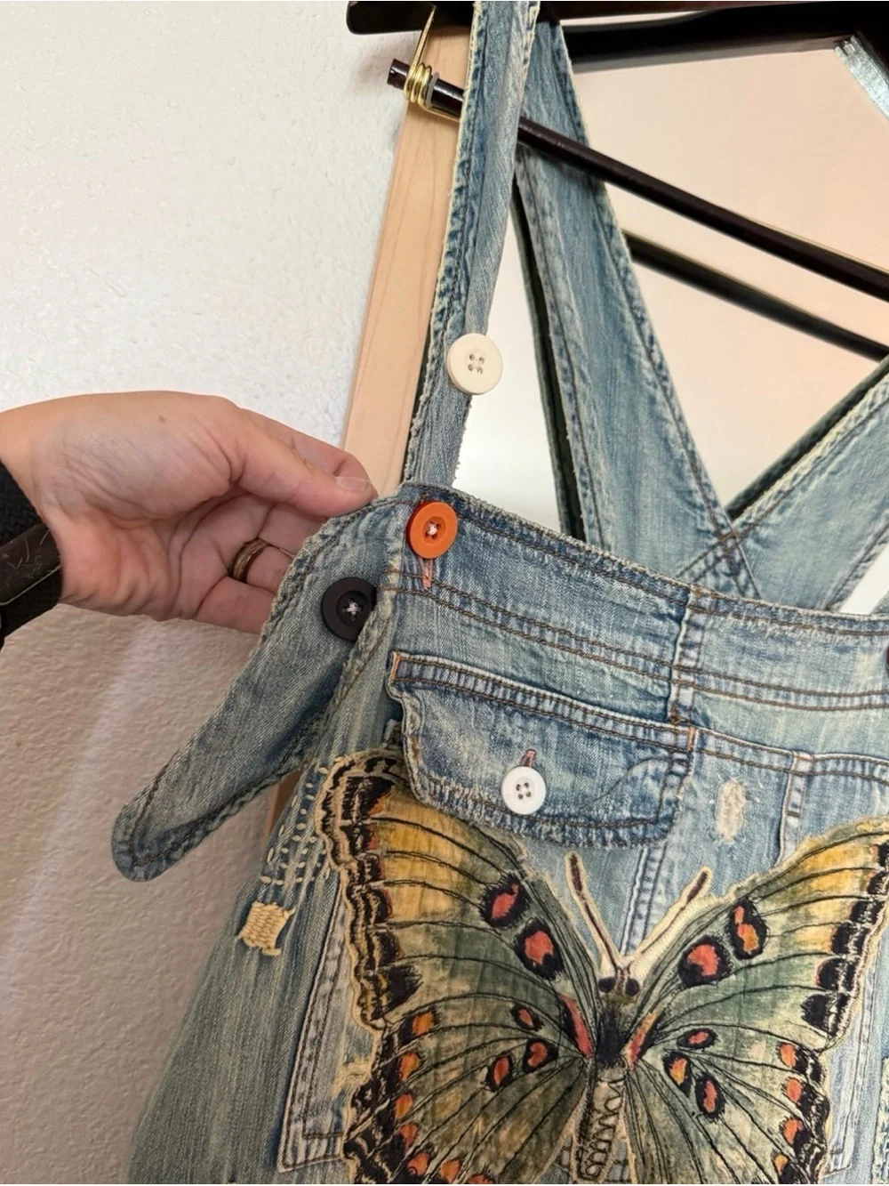 Magnolia Pearl Cotton Denim Appliqué Butterfly Overalls - Picture 4 of 14